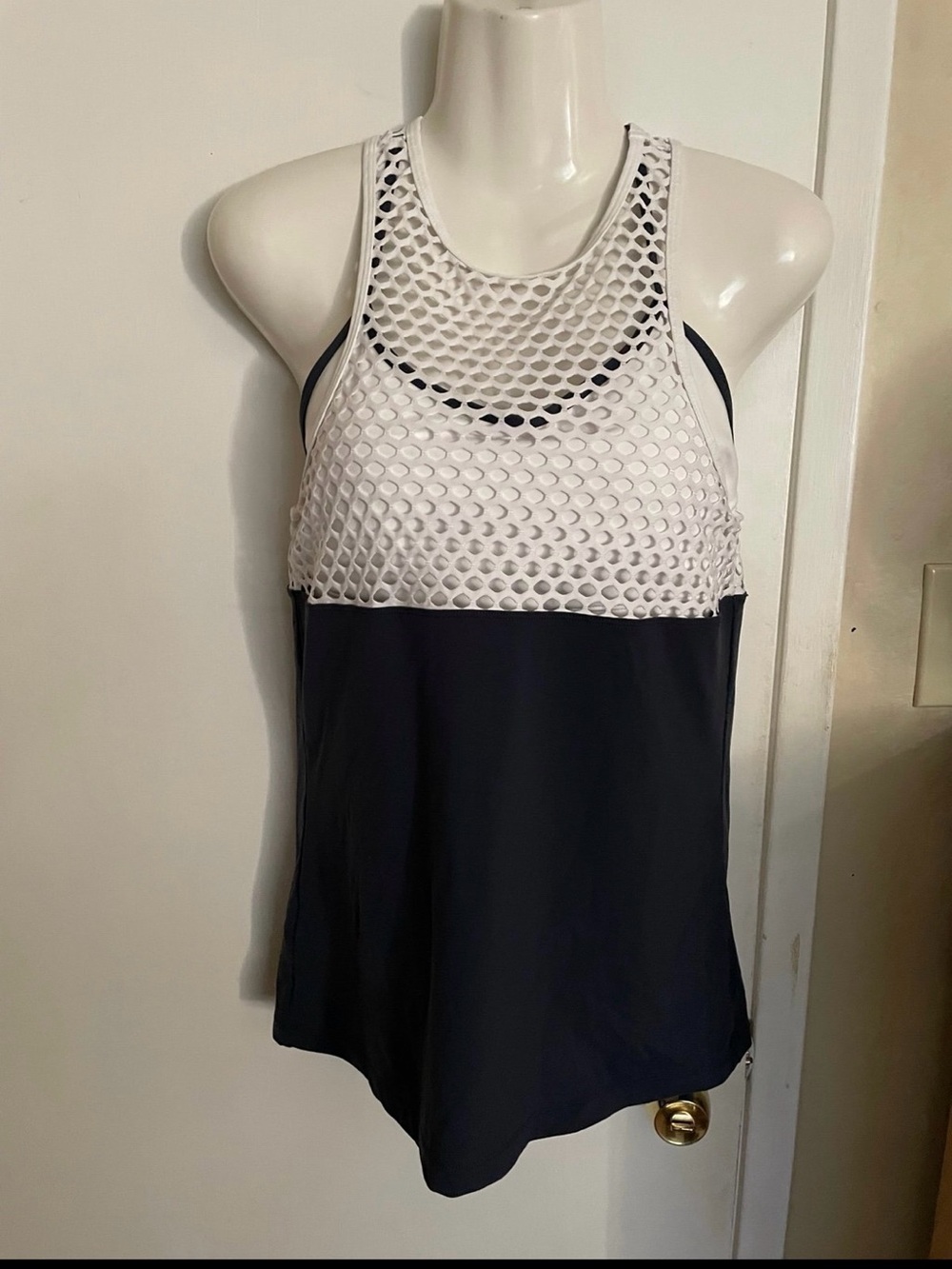 Sleeveless Navy Tank with White Mesh Yoke